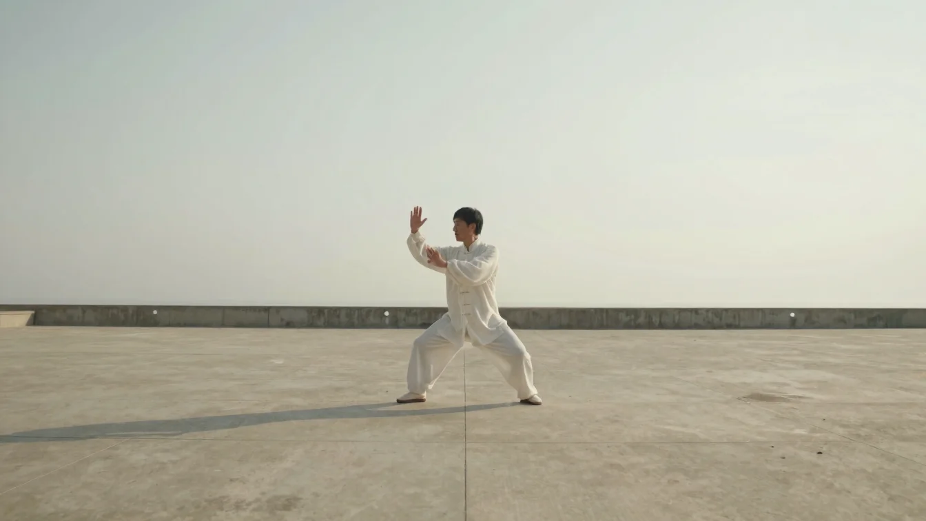 Wide unposed environmental view of a quiet morning outdoor space with a person gently moving through a short Qi Gong rou