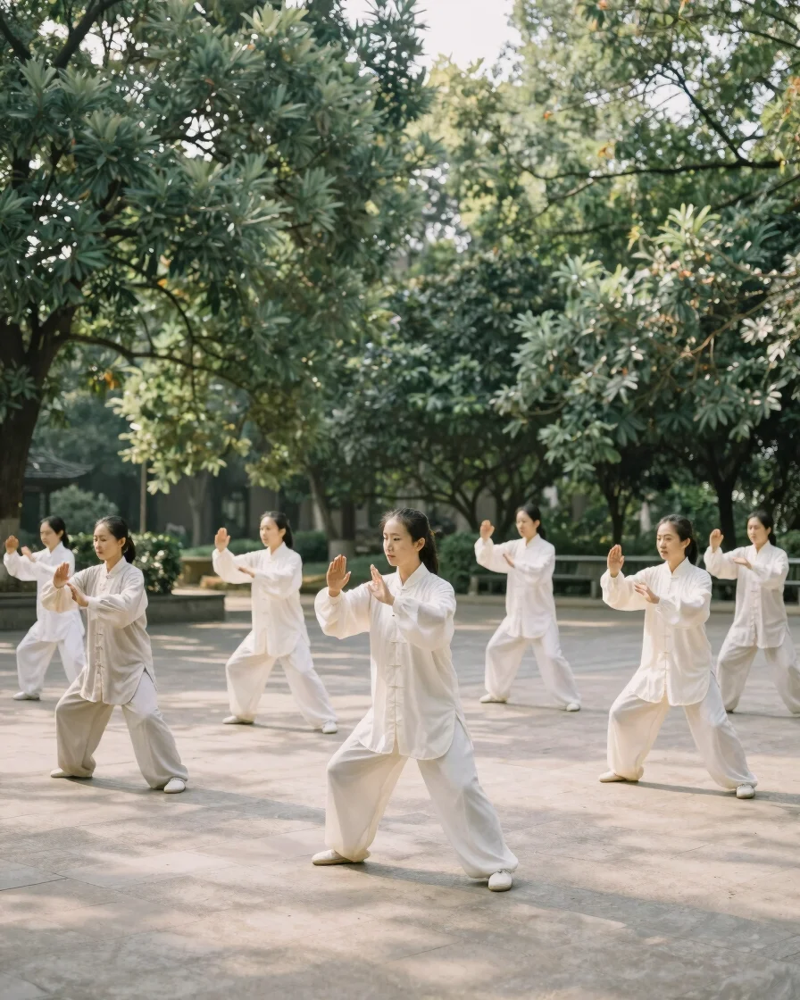 Natural editorial photograph of a small group practicing slow Tai Chi outdoors in soft open-shade morning daylight, unpo