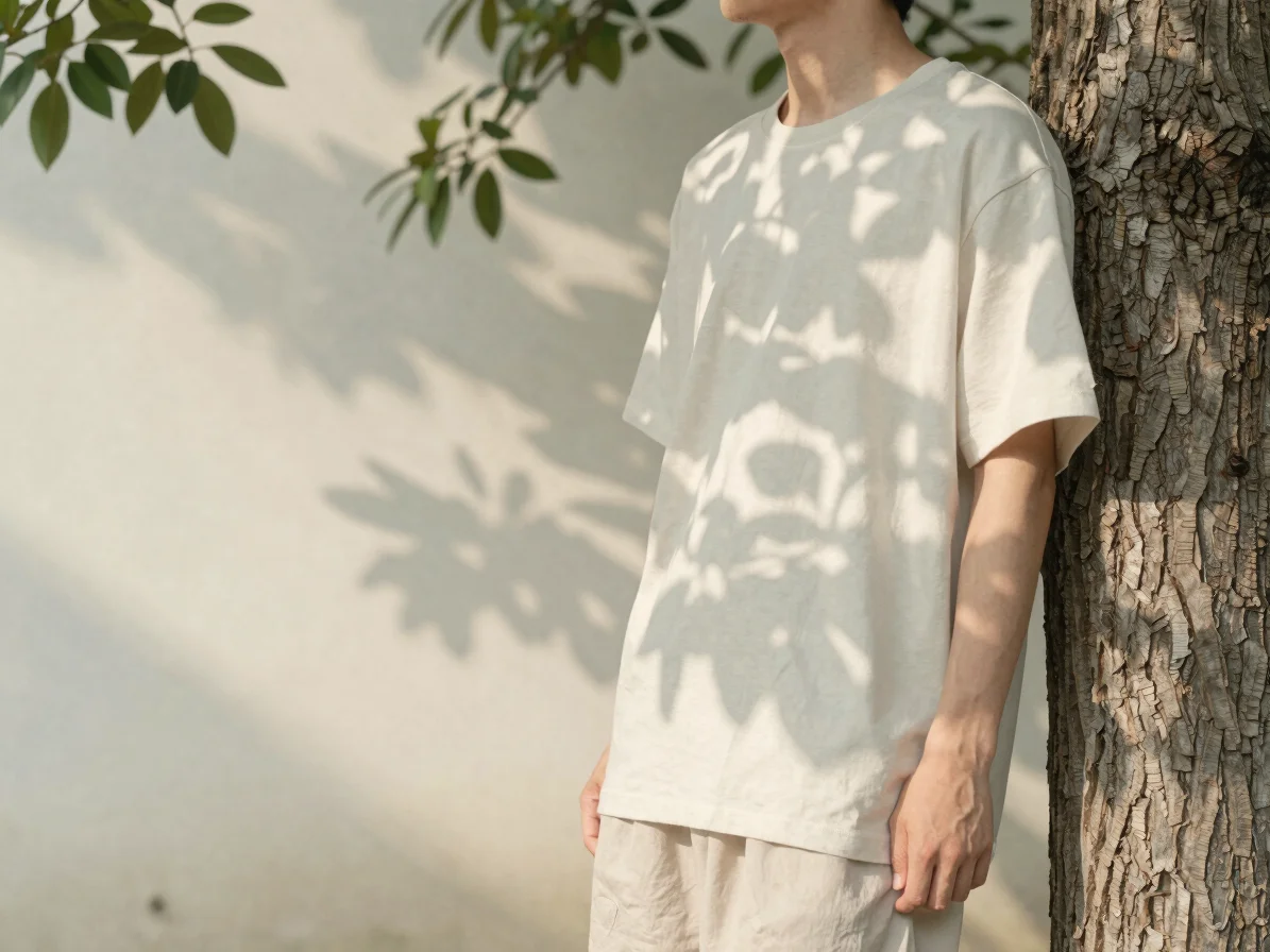 Natural editorial photograph of a person in quiet standing posture beside a tree, soft morning light, close view of rela