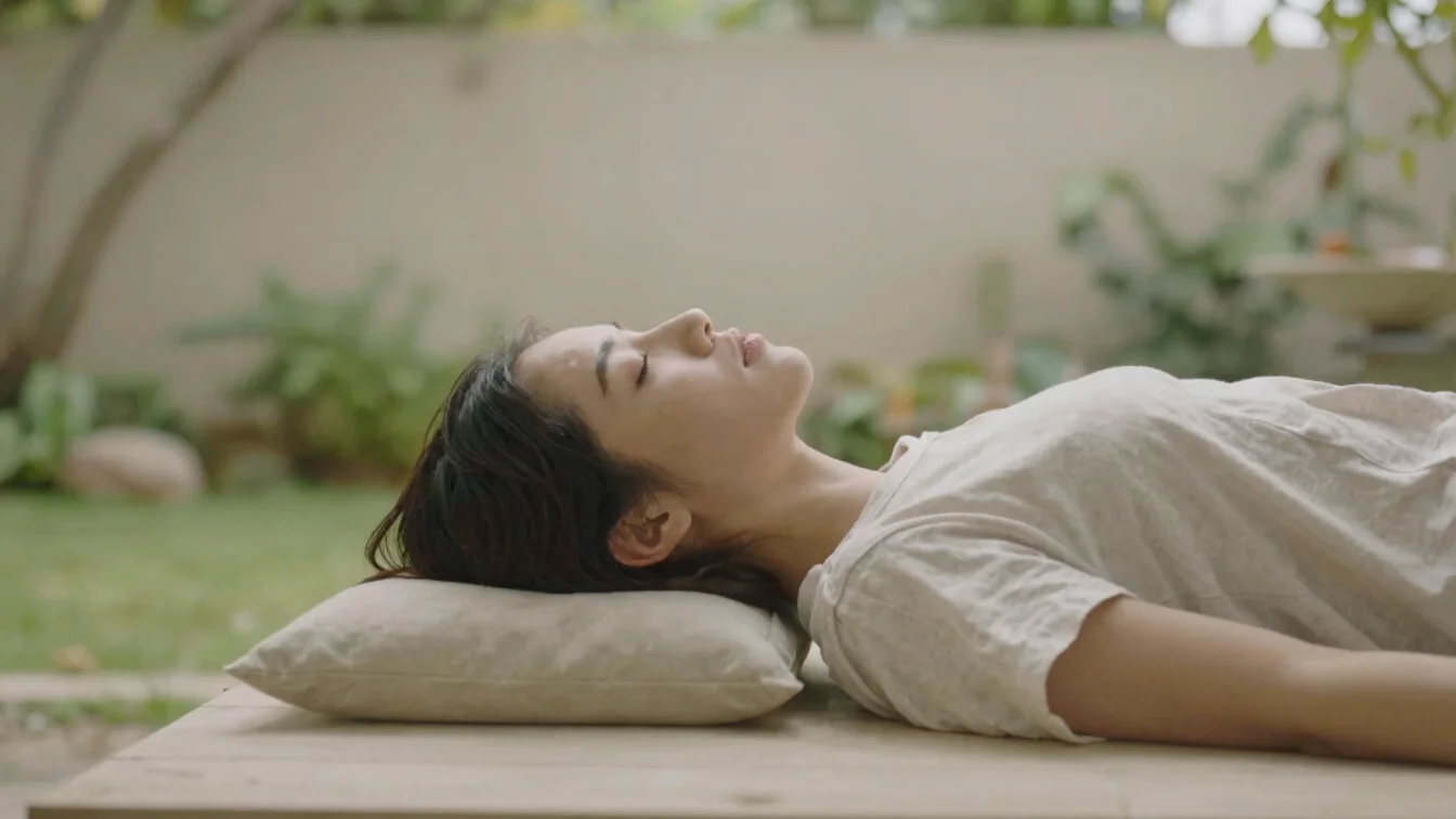 Quiet unposed scene of a person breathing slowly in a garden in g