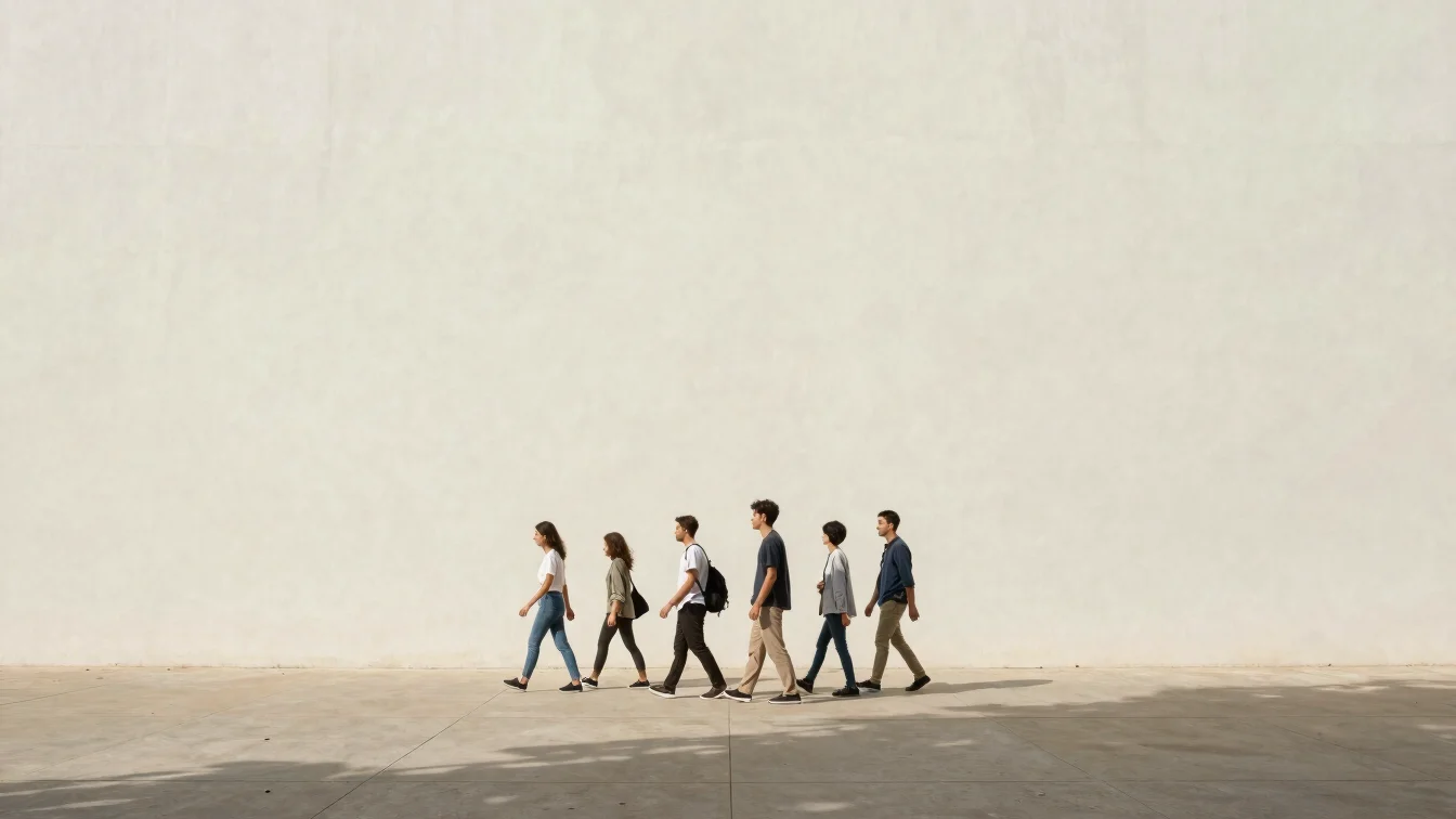Wide environmental view of a small group moving slowly outdoors u