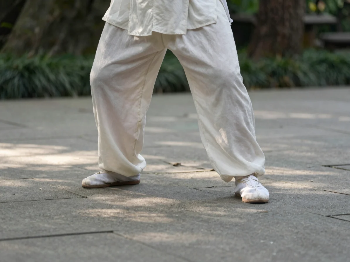 Close natural editorial photograph of a practitioner's feet and l