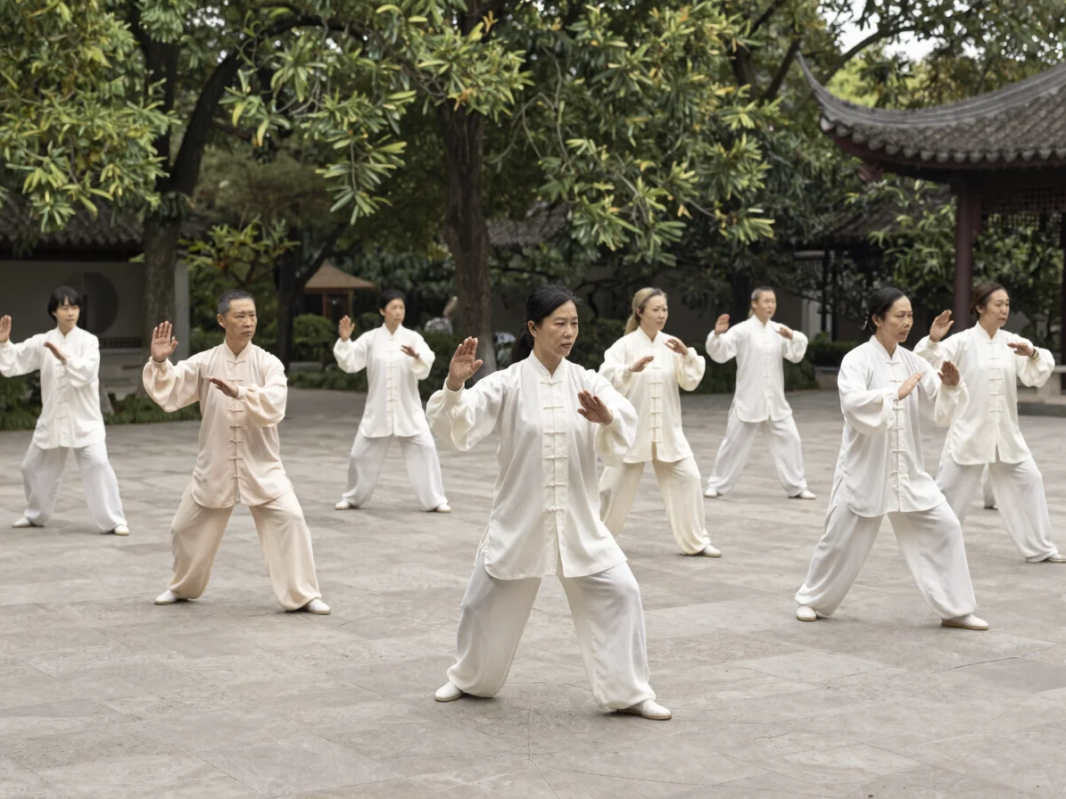 Natural editorial photograph of a small group of practitioners mo