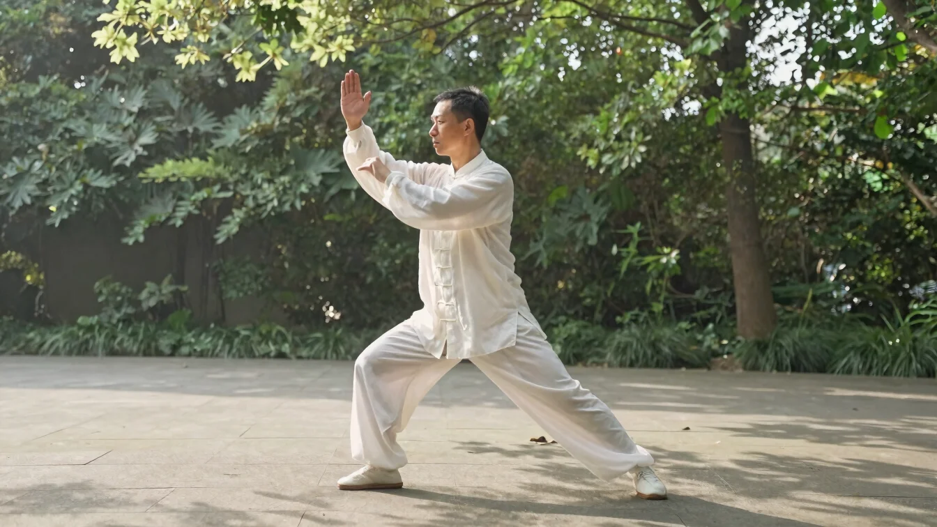 Wide unposed view of a practitioner doing slow standing Qi Gong o