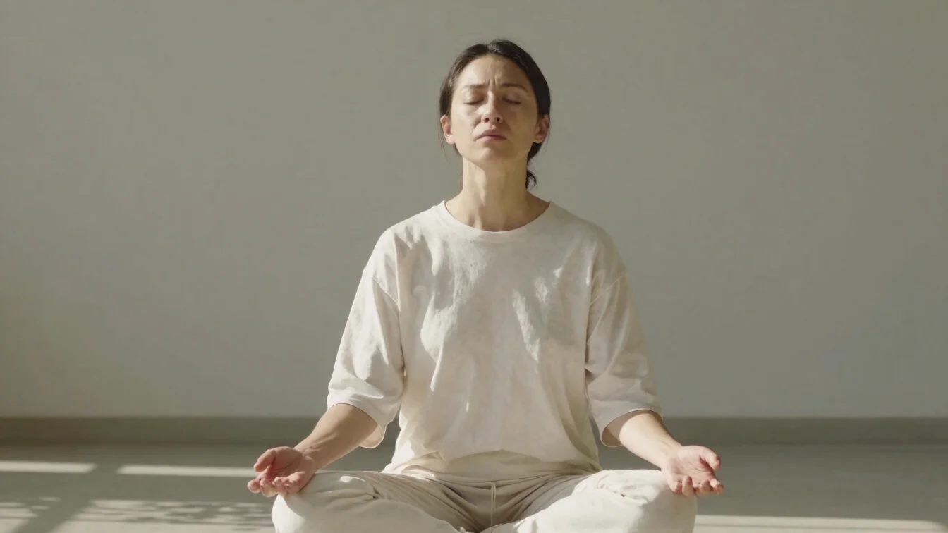 Person seated in a calm outdoor setting practicing slow breathing