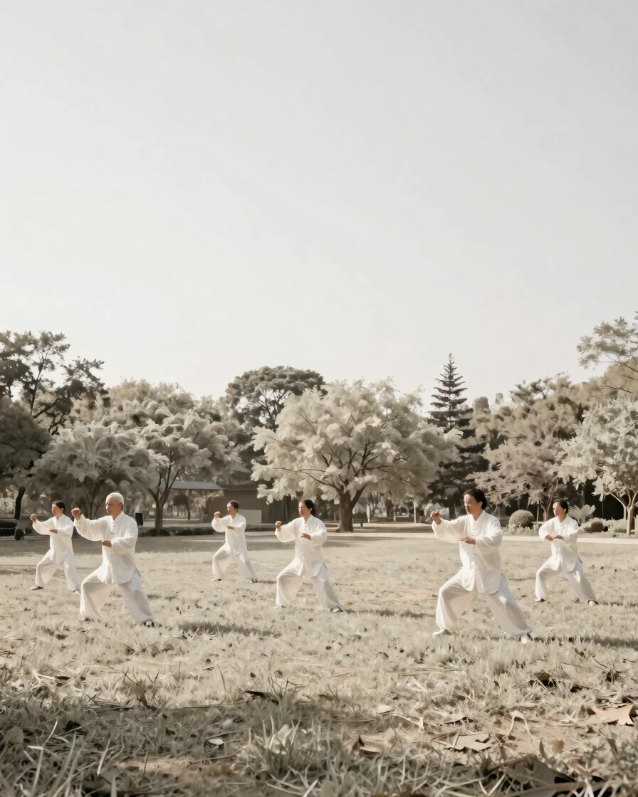 Natural editorial photograph of several people practicing Tai Chi